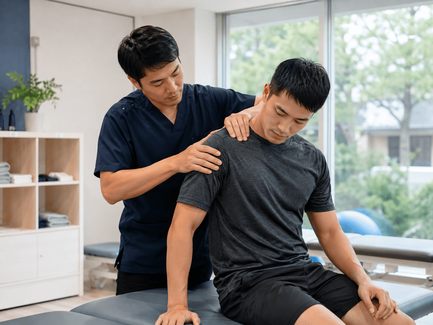 นักกายภาพบำบัดกำลังตรวจและรักษาผู้รับบริการด้วยเทคนิค Manual Therapy